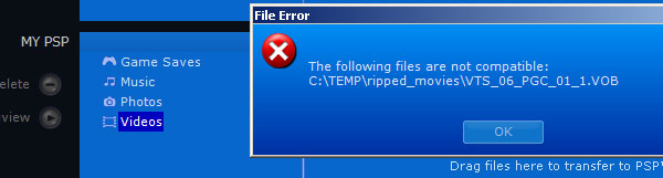 Sony PSP Manager does not support VOB files.