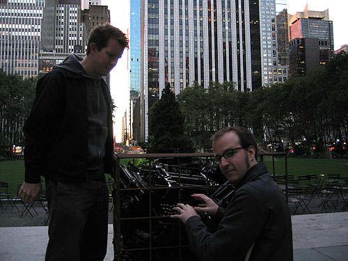 Typewriters in cages.